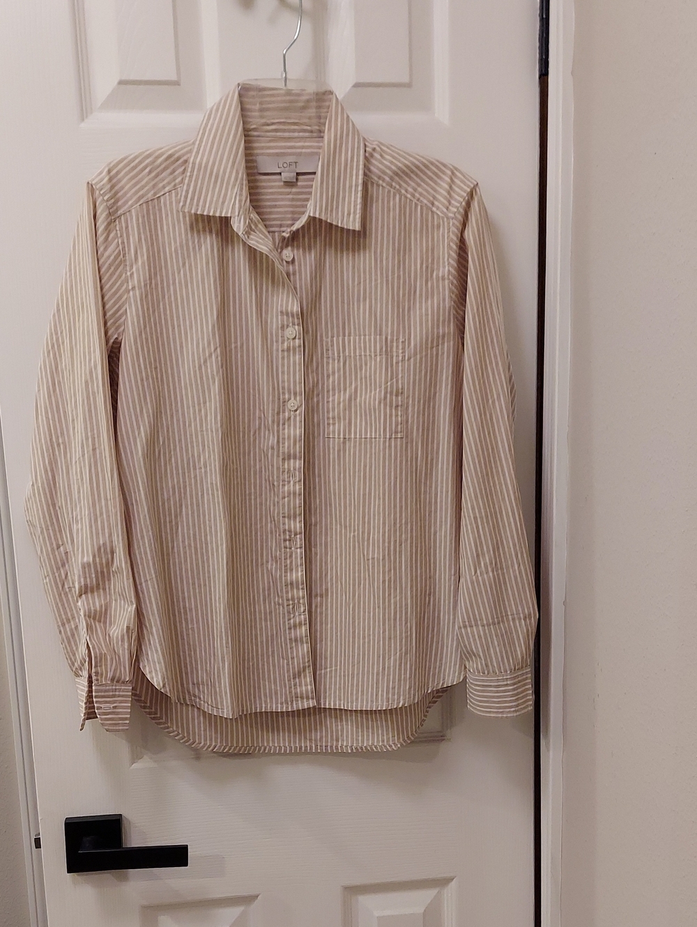 LOFT Tan and White Vertical Stripe Button-Down Shirt